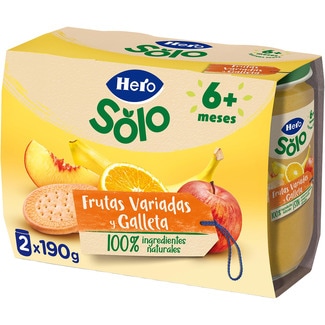Merienda tarritos de frutas variadas y galleta desde 6 meses pack 2 envases 190 g - Hero Solo