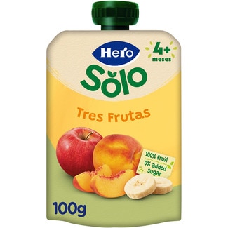 bolsita de tres Frutas manzana, plátano y melocotón sin gluten desde 4 meses 100 g - Hero Solo