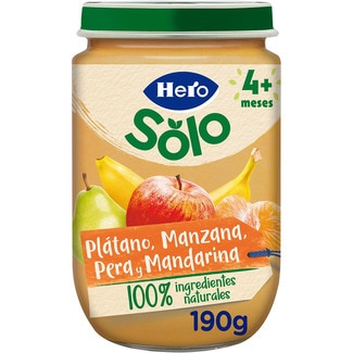 plátano, manzana, pera y mandarina sin gluten desde 4 meses tarrito 190 g sin azúcar añadido 100% ingredientes naturales - Hero Solo