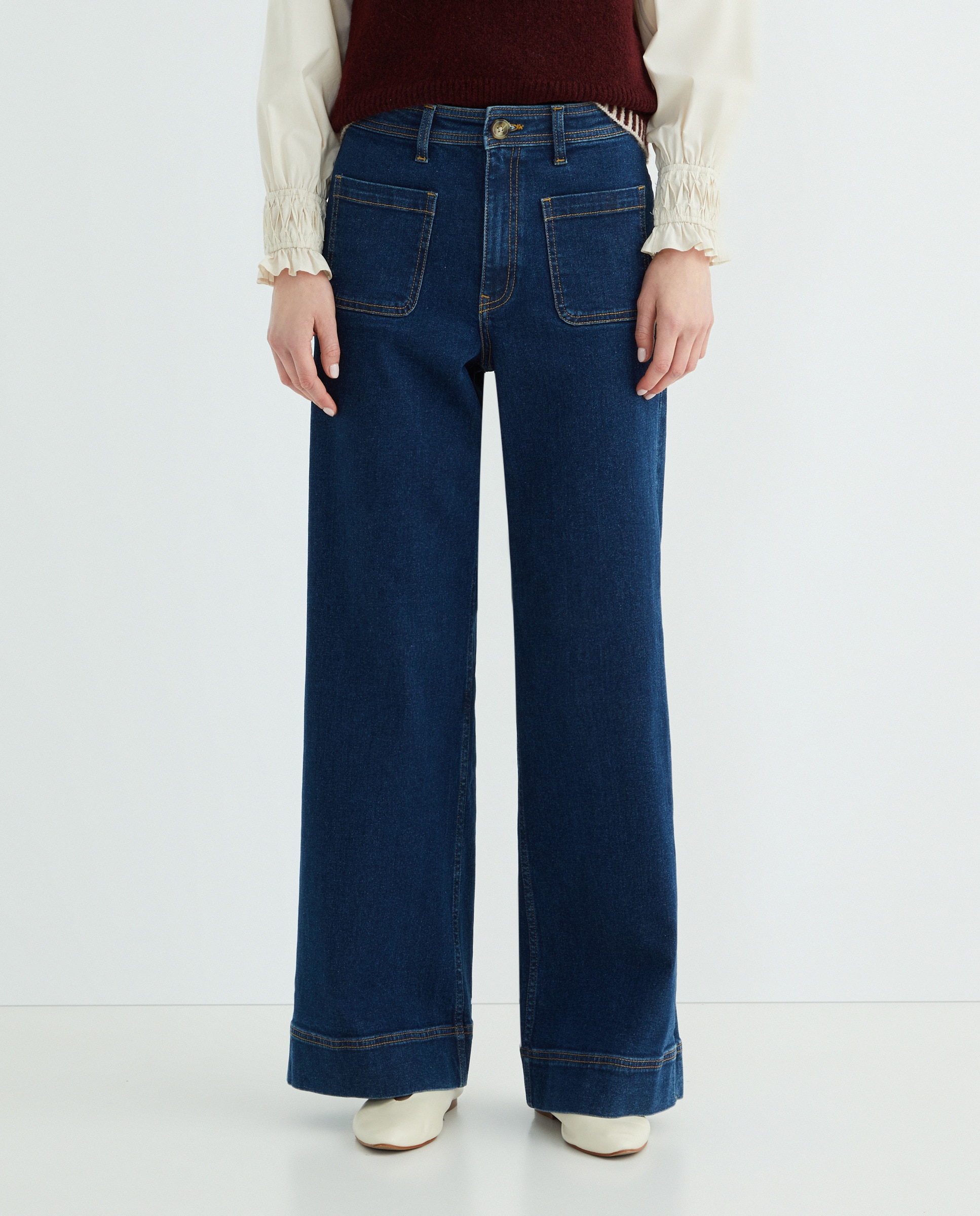 Pantalón denim campana de mujer con bolsillos Azul Suave-2