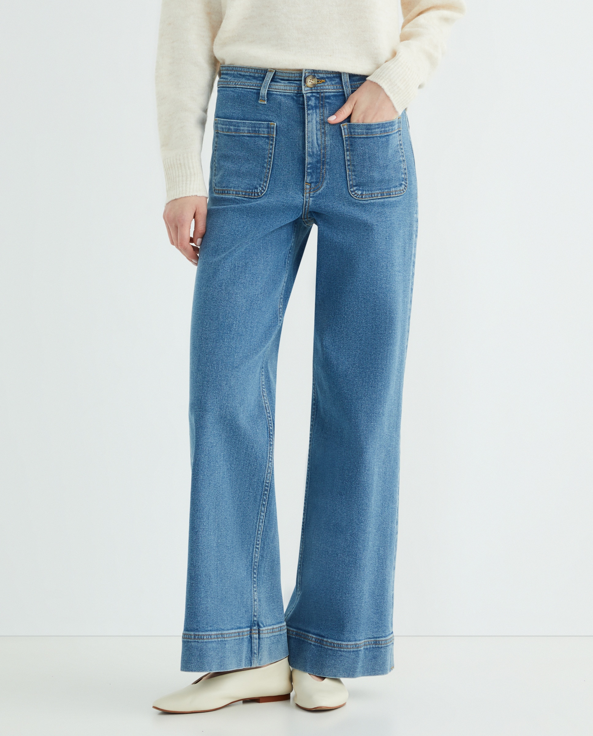 Pantalón denim campana de mujer con bolsillos Azul pálido-2