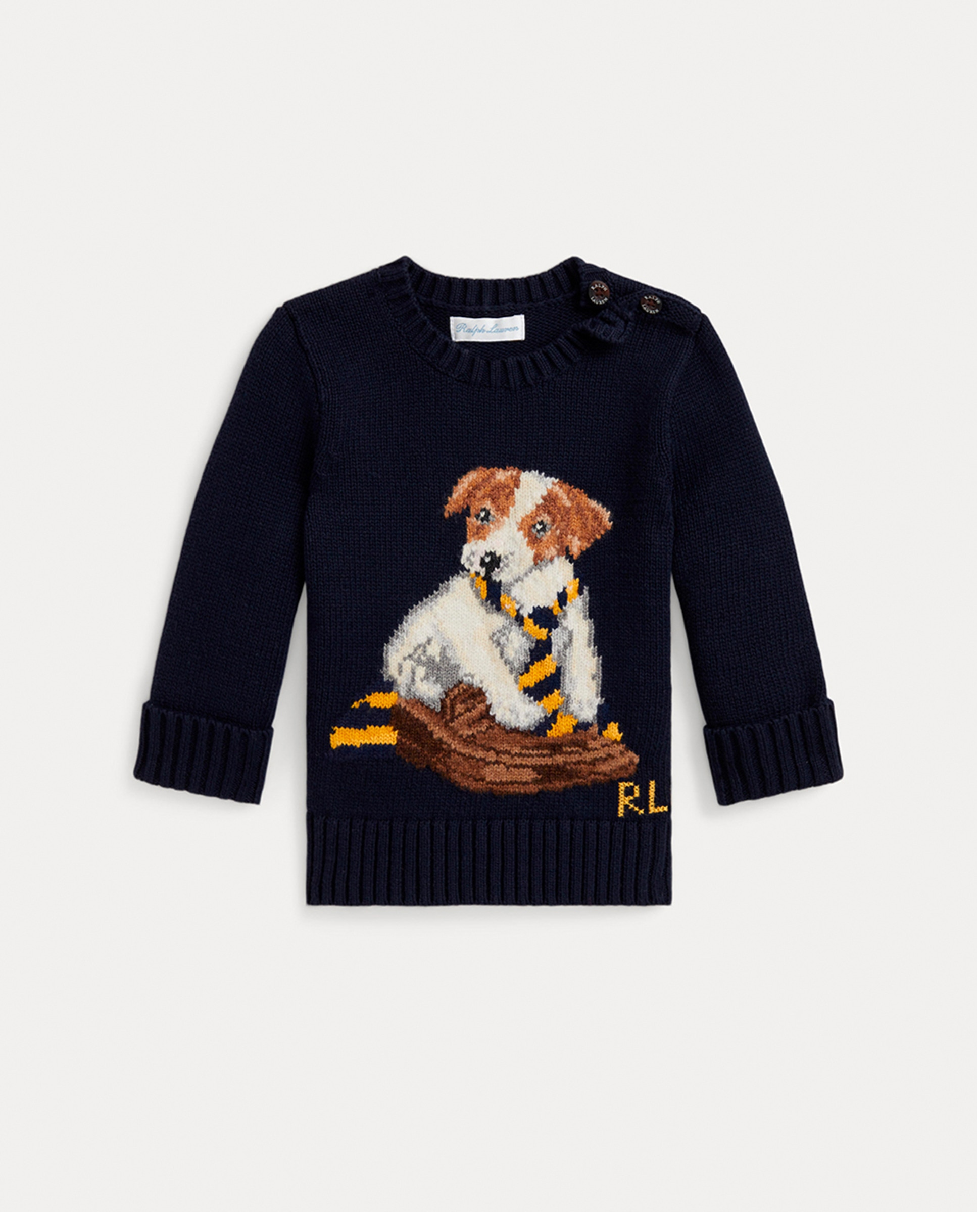 Camisola de Malha de Algodão de Bebé com Cão de Intársia Azul-marinho-1