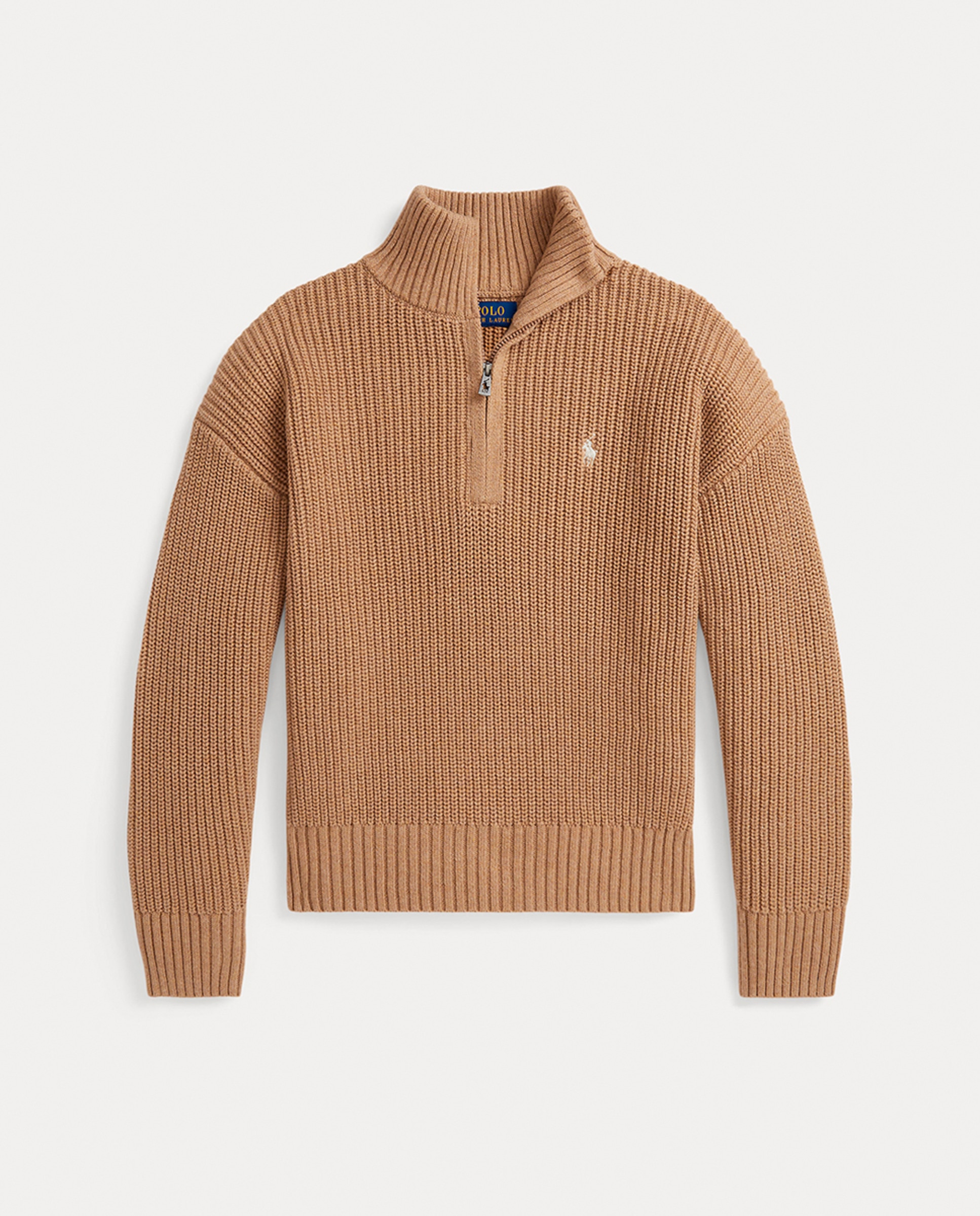 Camisola de Malha de Algodão com Meio Fecho de Correr Camel-1