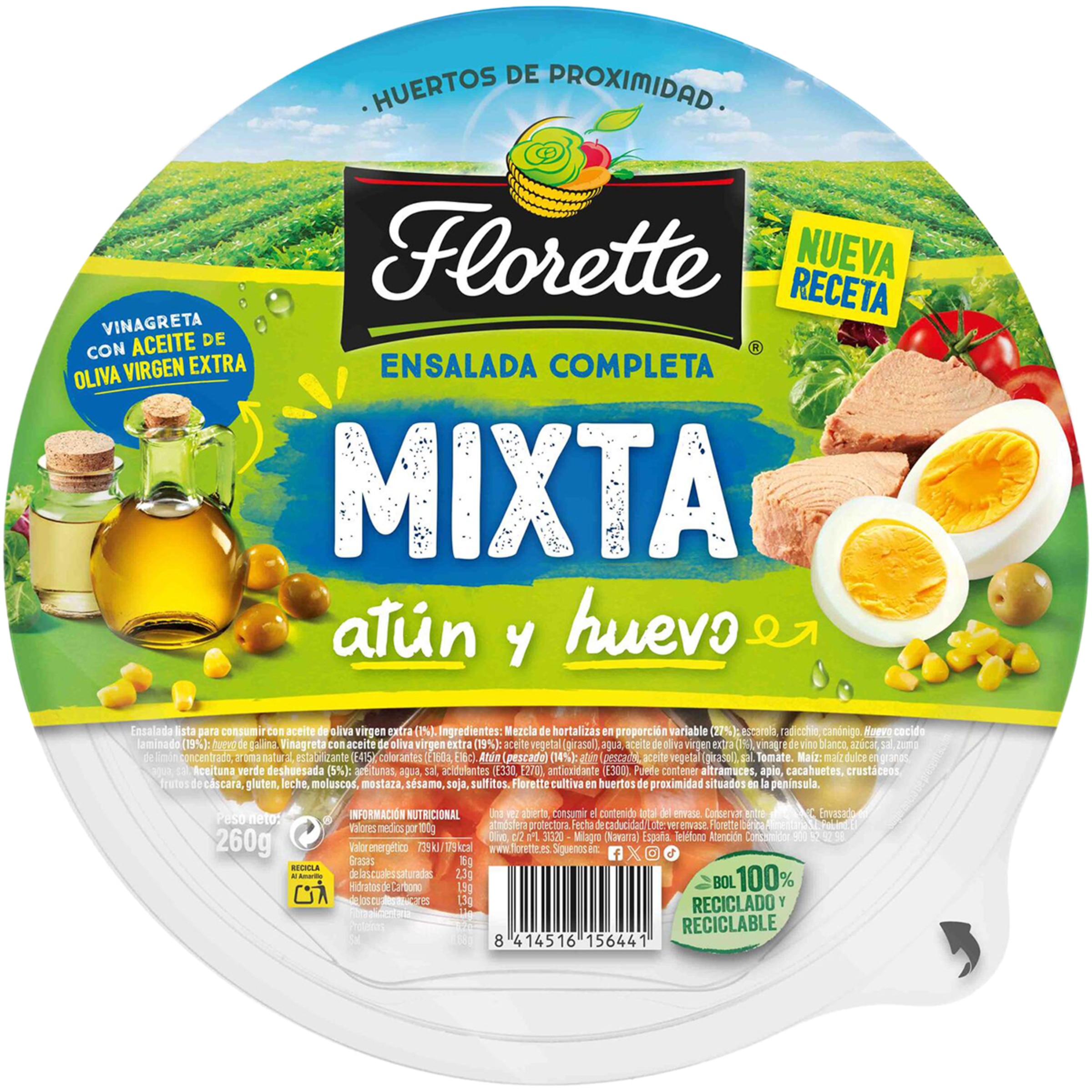 Ensalada Completa mixta de atún huevo y vinagreta con aceite de oliva virgen extra tarrina 260 g
