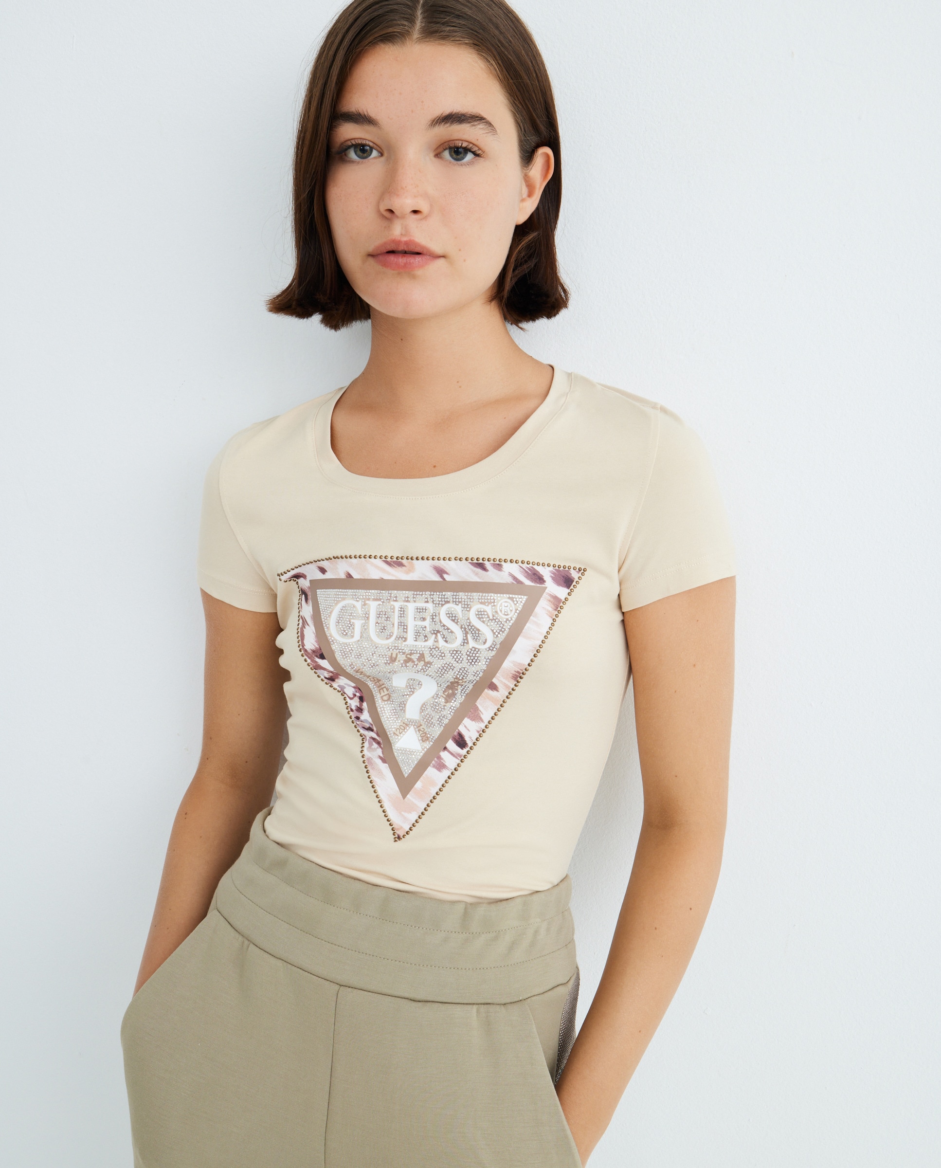 T-shirt de Manga Curta com Logótipo Bege-1