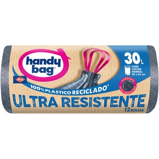 bolsas de basura reciclada Ultra Resistente 55x63 cm 30 litros para cubo cocina normal rollo 12 unidades - Handy Bag