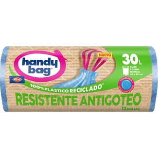 bolsas de basura reciclada resistente antigoteo 55x63 30 litros para cubo normal rollo 12 unidades con triple capa - Handy Bag