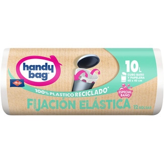 bolsas de basura reciclada fijación elástica 40x40 10 litros para cubo baño y papelera rollo 12 unidades - Handy Bag