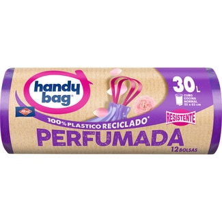 bolsas de basura reciclada resistente Perfumada 55x63 30 litros para cubo cocina normal rollo 12 unidades - Handy Bag