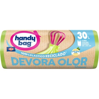 bolsas de basura reciclada Devora Olor 55x63 cm 30  litros para cubo cocina normal rollo 12 unidades - Handy Bag