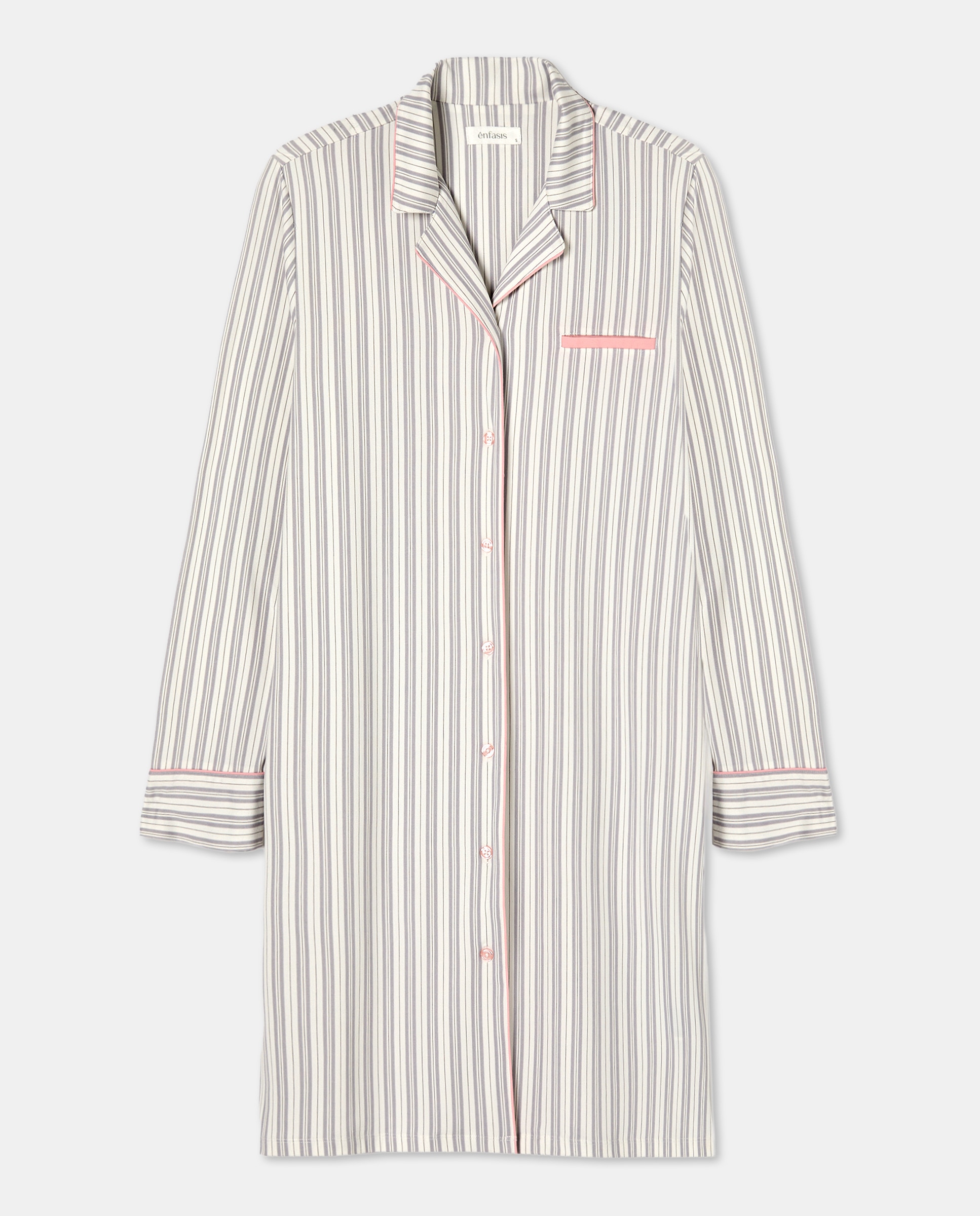 Camisa de Dormir Tipo Camiseiro às Riscas com Botões Cinzento-claro-3