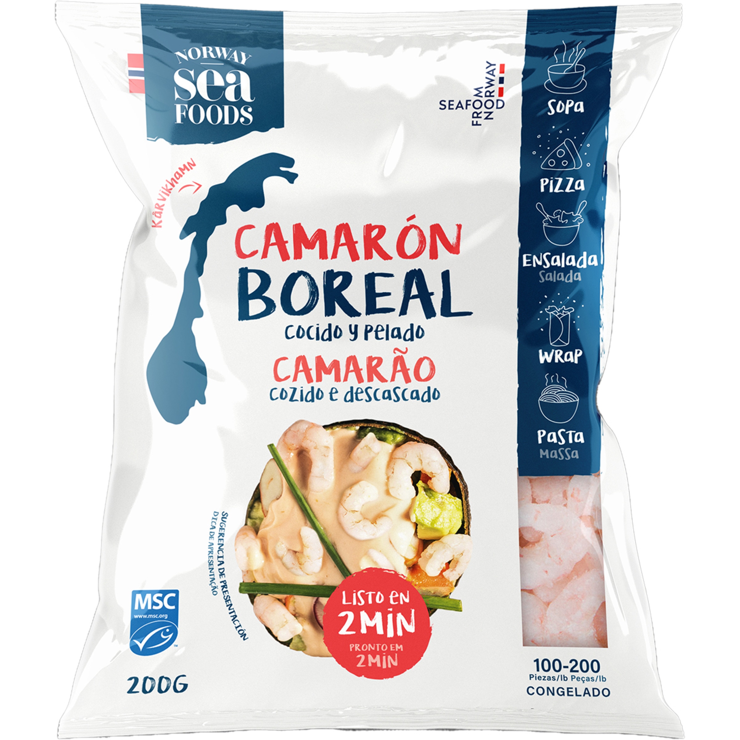camarón boreal cocido y pelado 100-200 piezas bolsa 200 g