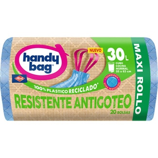 bolsas de basura reciclada Resistente Antigoteo 55x63 30 litros para cubo cocina normal rollo 20 unidades - Handy Bag