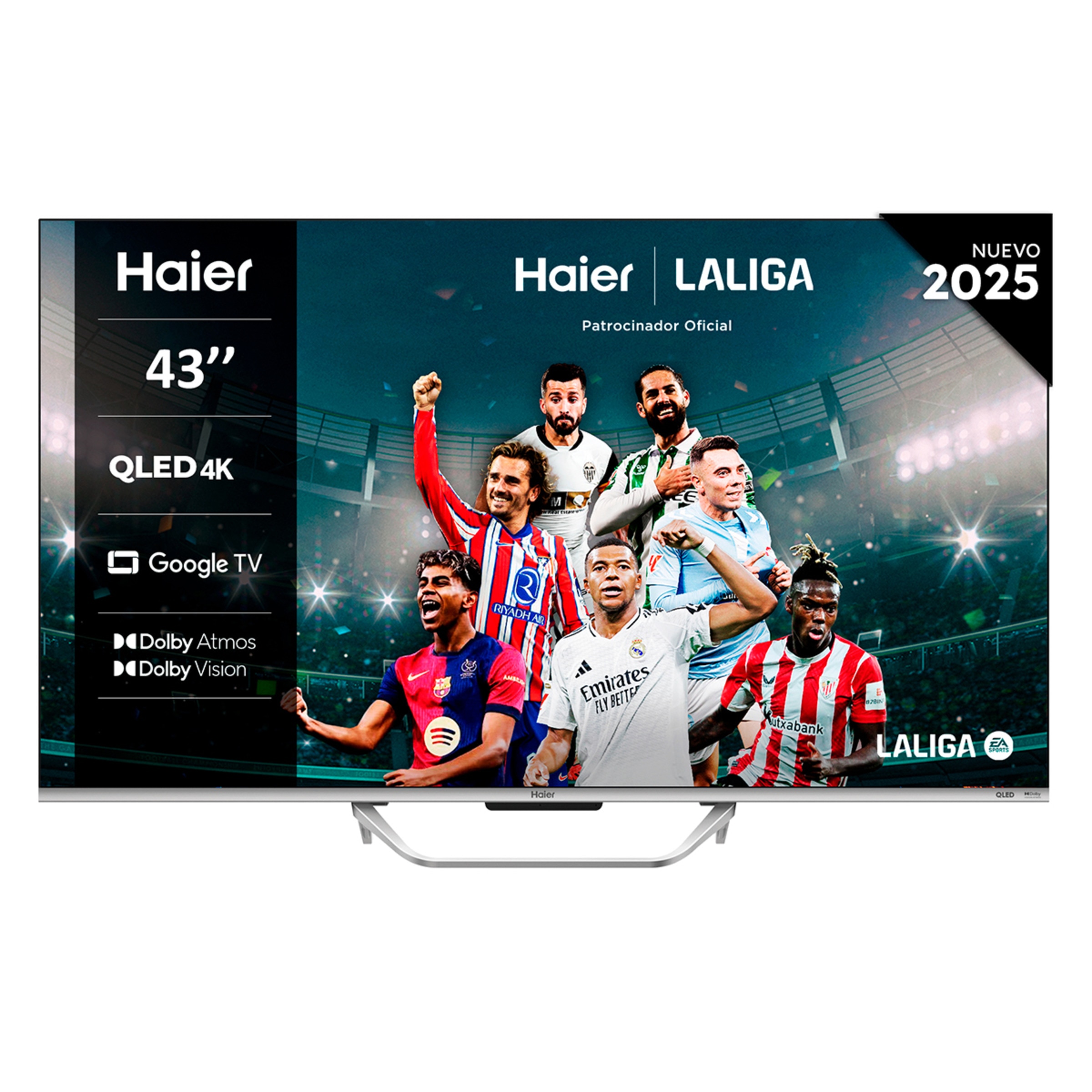 TV QLED 108 cm (43") Haier H43Q80FUX UHD 4K, Peana central, Smart Google TV, HDR10+, Dolby Atmos & Vision, Gaming 120Hz Plata-1