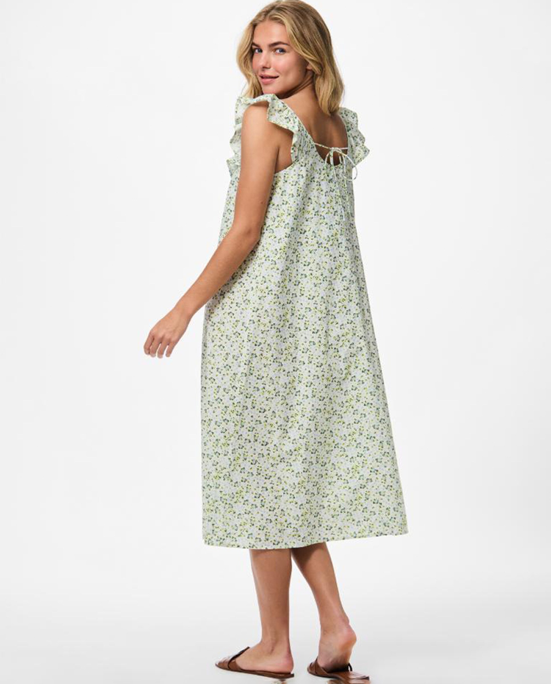 Vestido Comprido com Folhos Florais Verde-claro-3