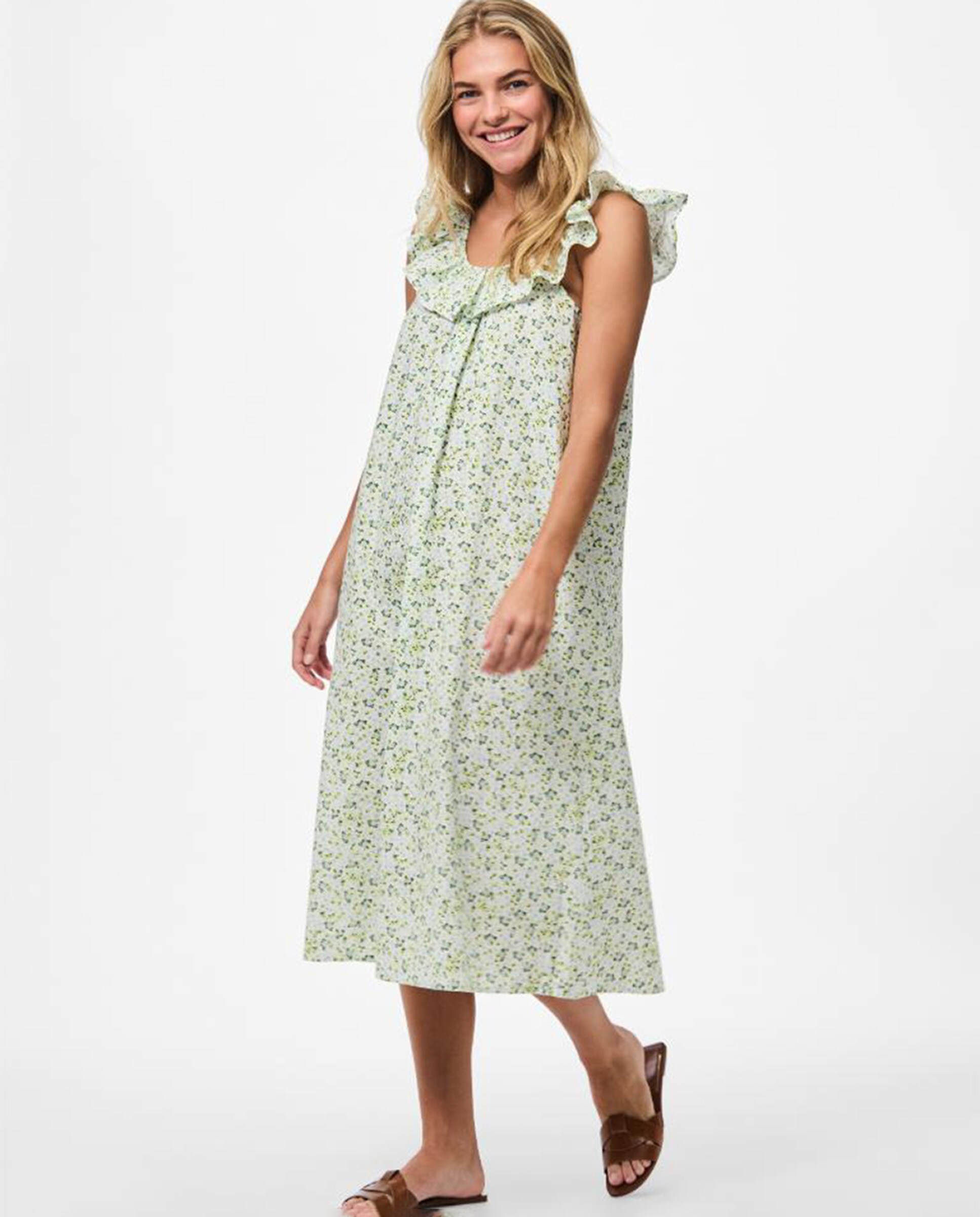 Vestido Comprido com Folhos Florais Verde-claro-2