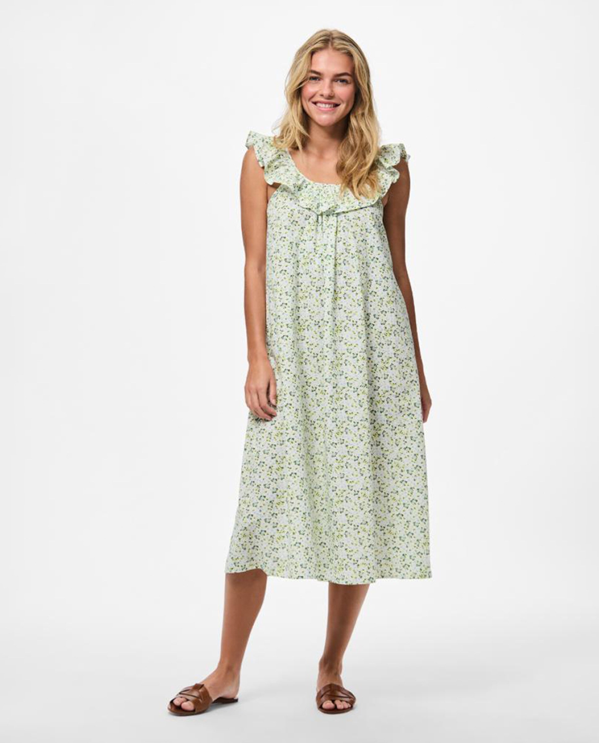 Vestido Comprido com Folhos Florais Verde-claro-1