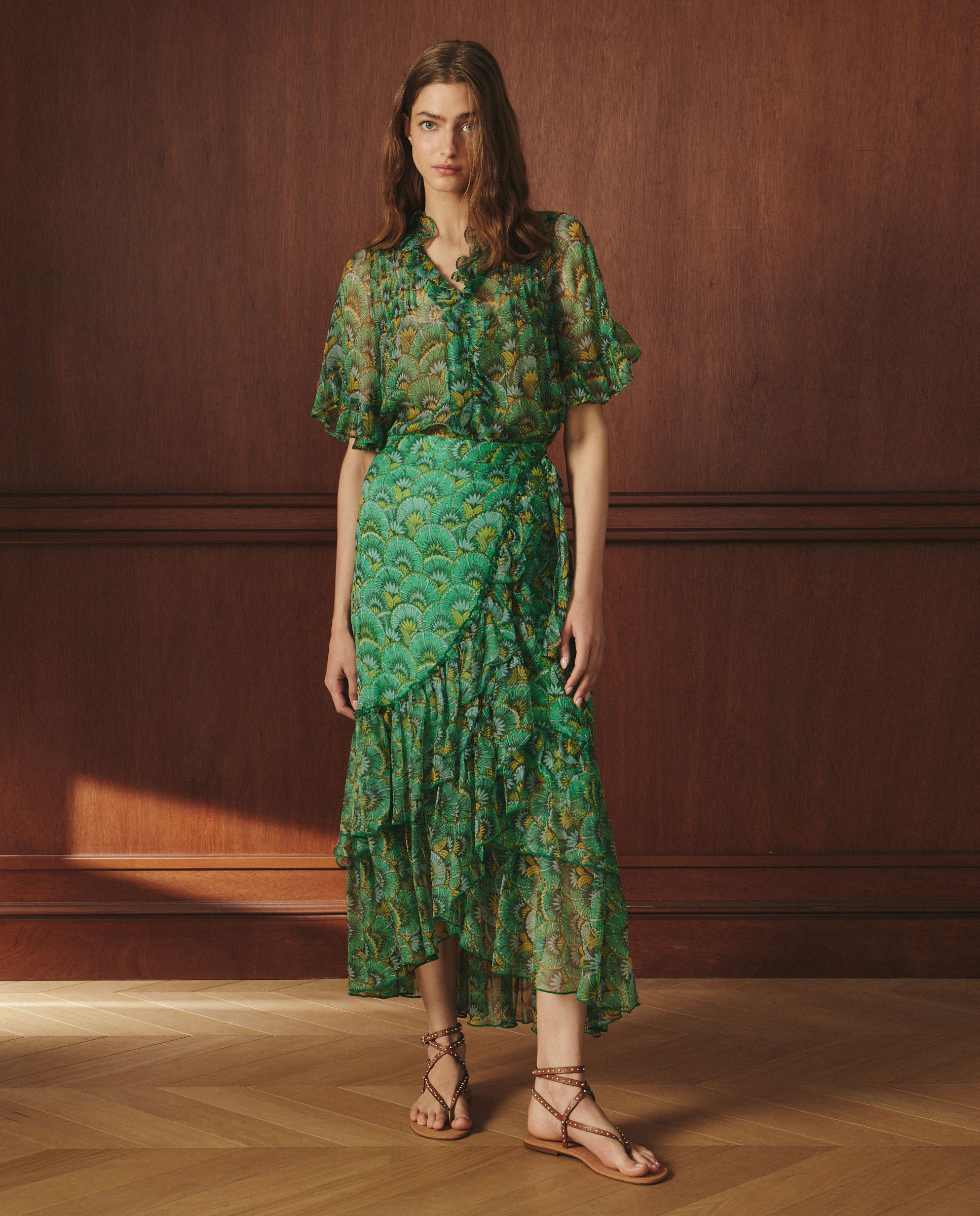 Saia Midi com Estampado Floral Verde-1