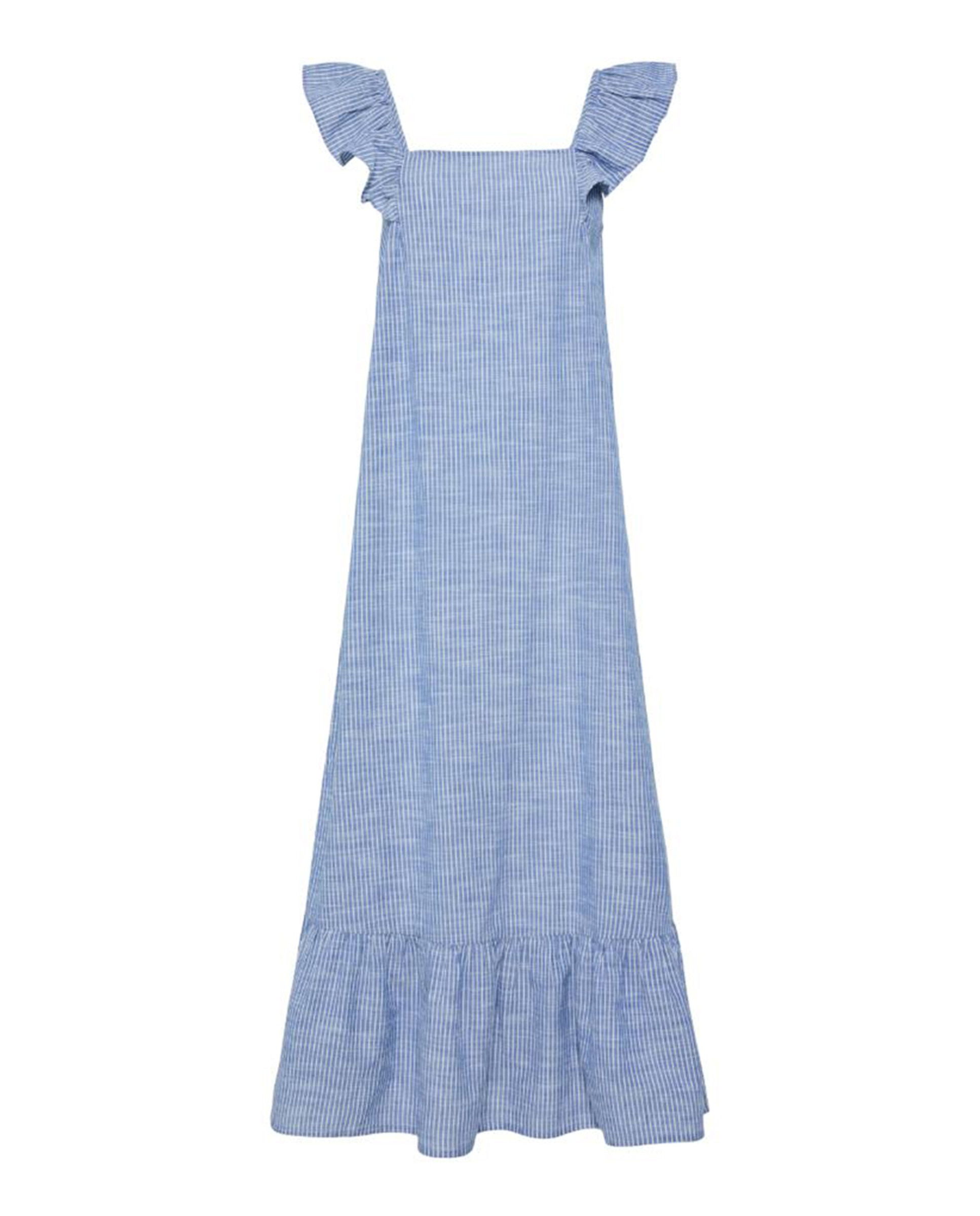 Vestido Comprido de Linho às Riscas Azul-5
