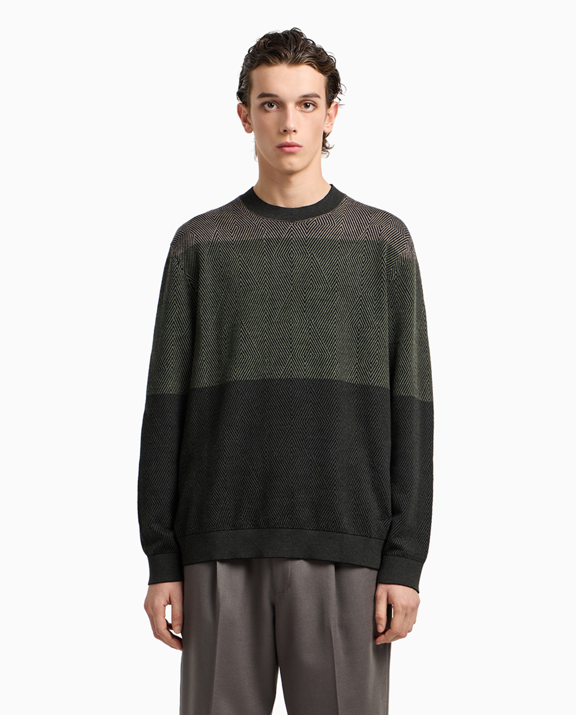 Camisola de Malha com Gola Redonda e Micro Estrutura Verde-escuro-1