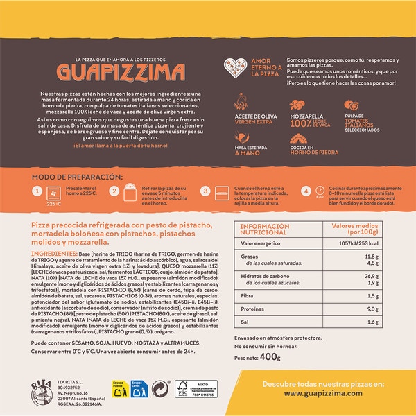 Pizza Sizilien mit Pistazien-Pesto, Mortadella Bolognese mit Pistazien Behälter 400 g gemahlene Pistazien und Mozzarella