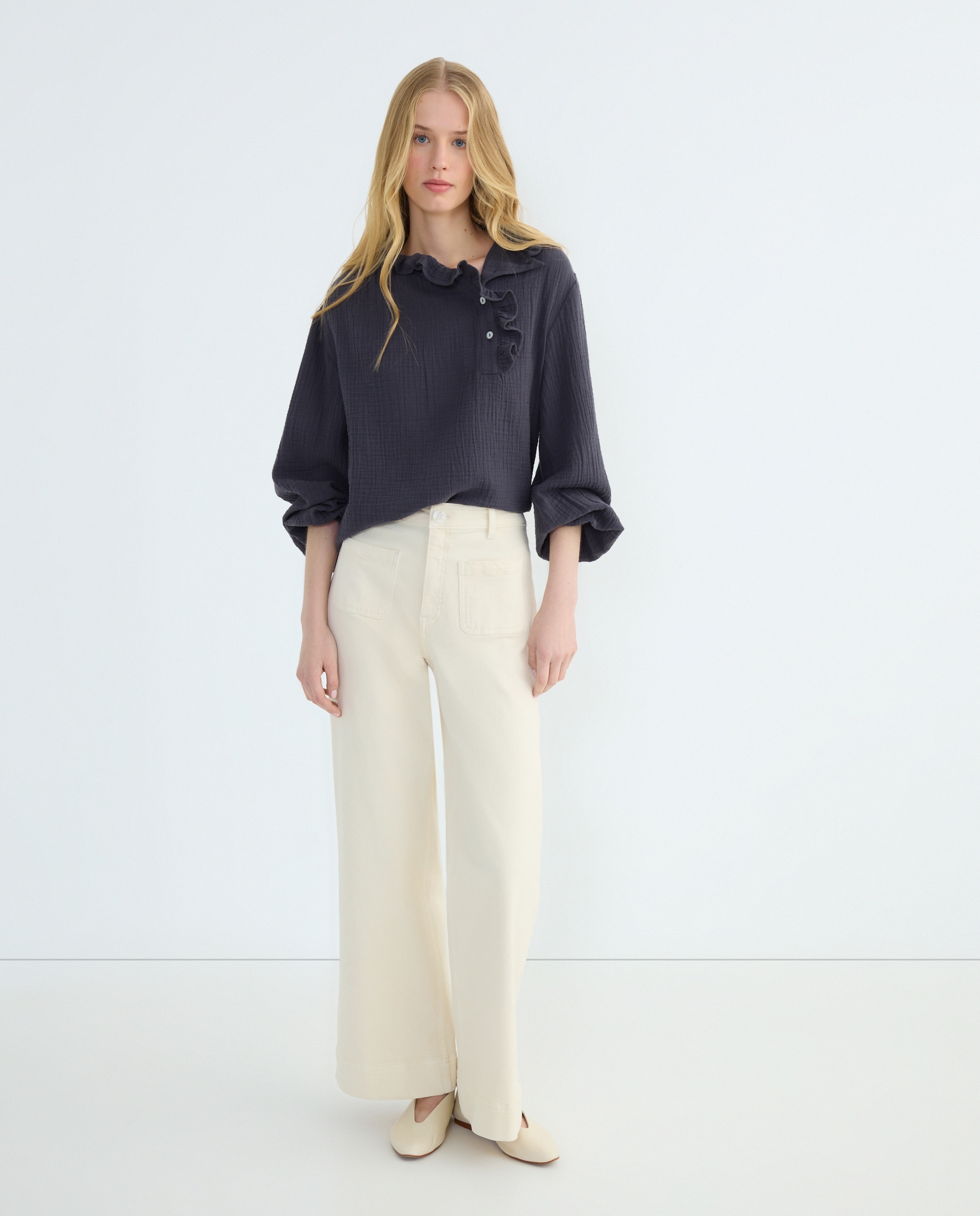 Pantalón campana sarga de mujer con bolsillos Blanco roto-1