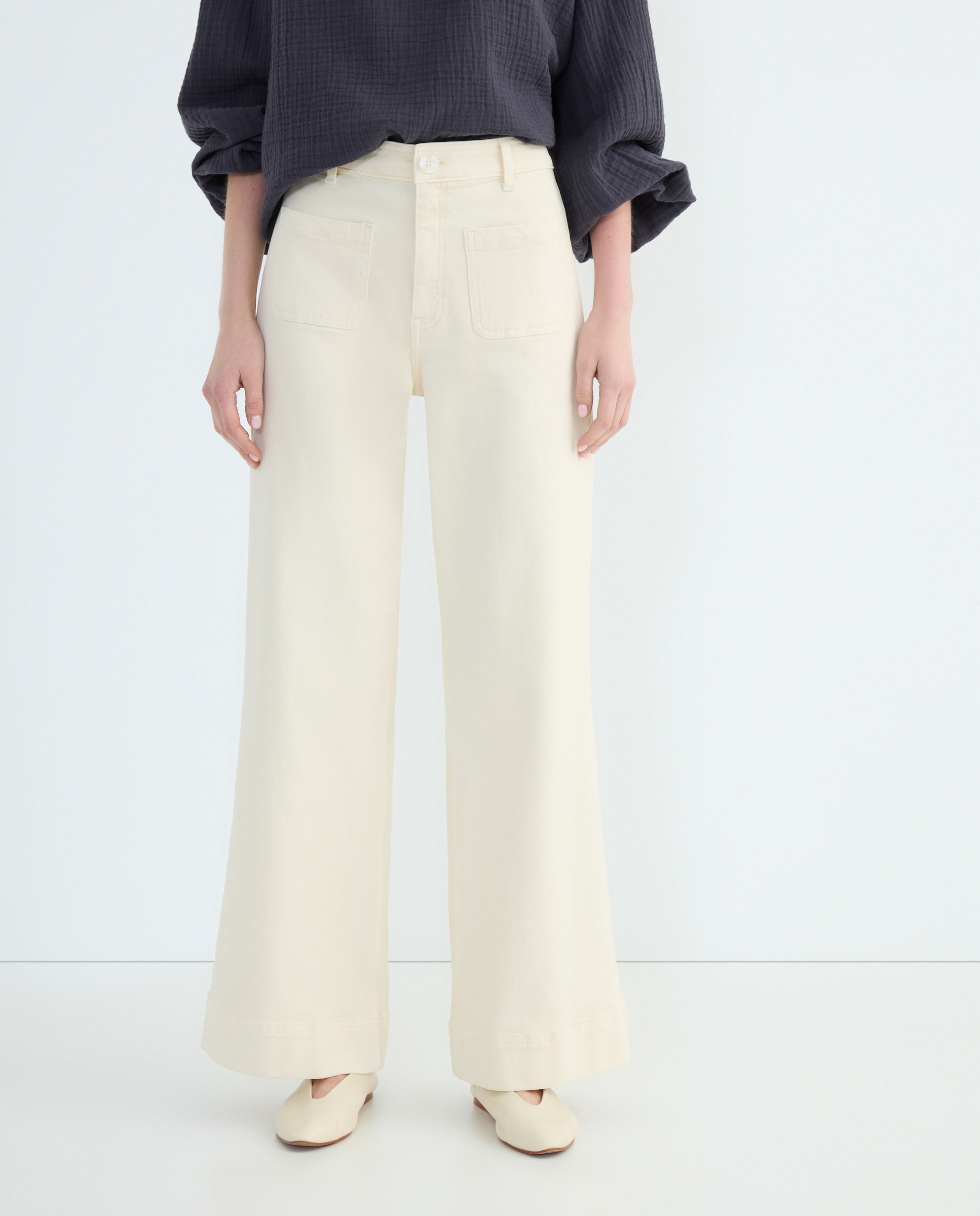 Pantalón campana sarga de mujer con bolsillos Blanco roto-2