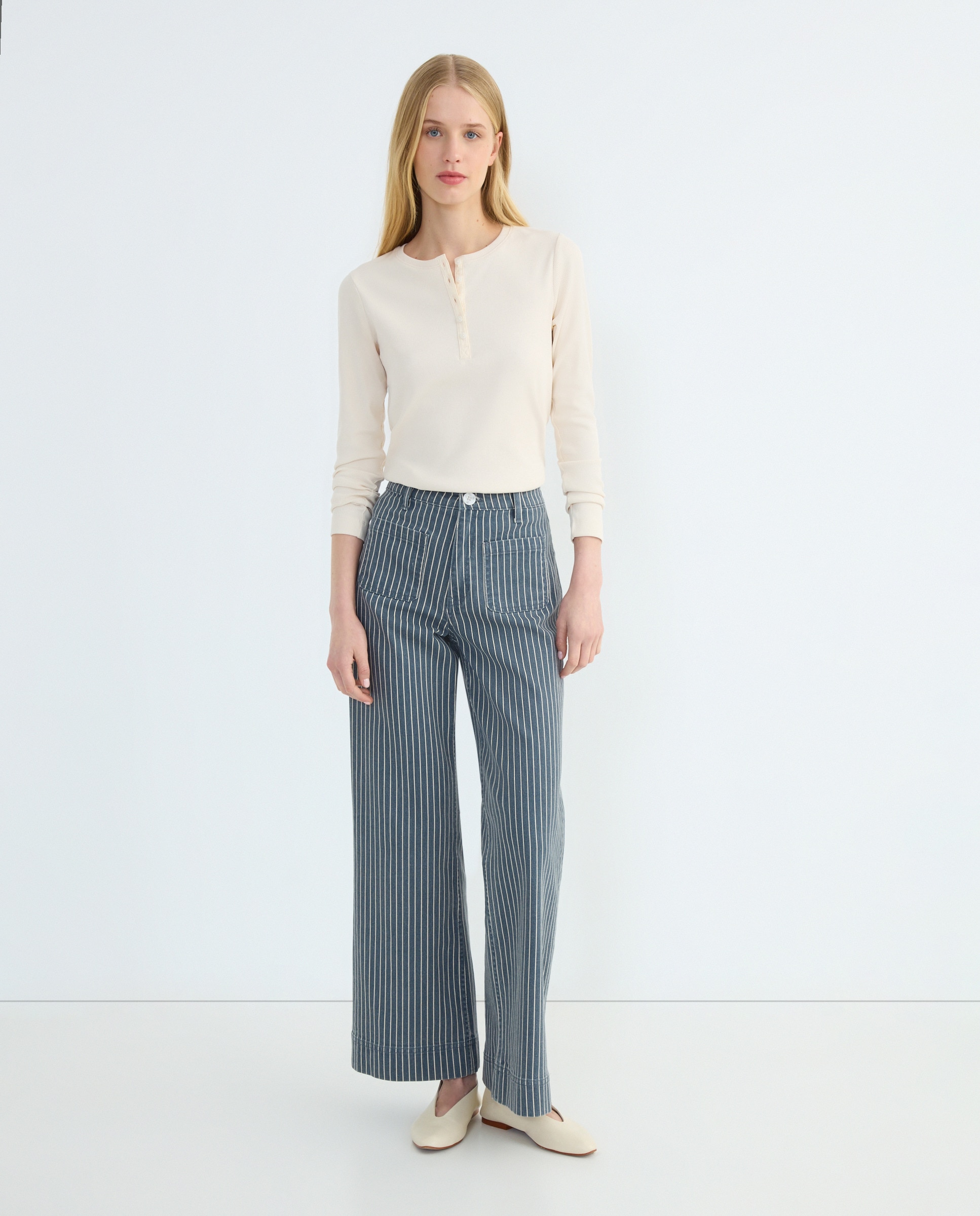 Pantalón campana sarga de mujer con bolsillos Azul-1