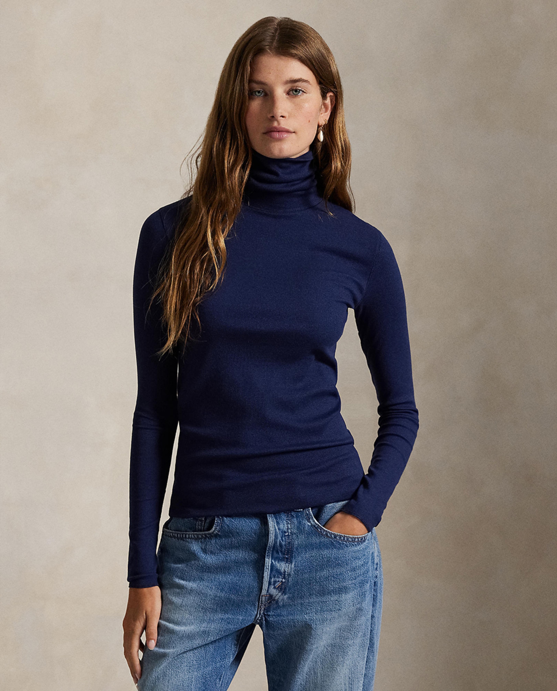 Camisola de Malha Elástica com Gola Dobrada Azul-marinho-1