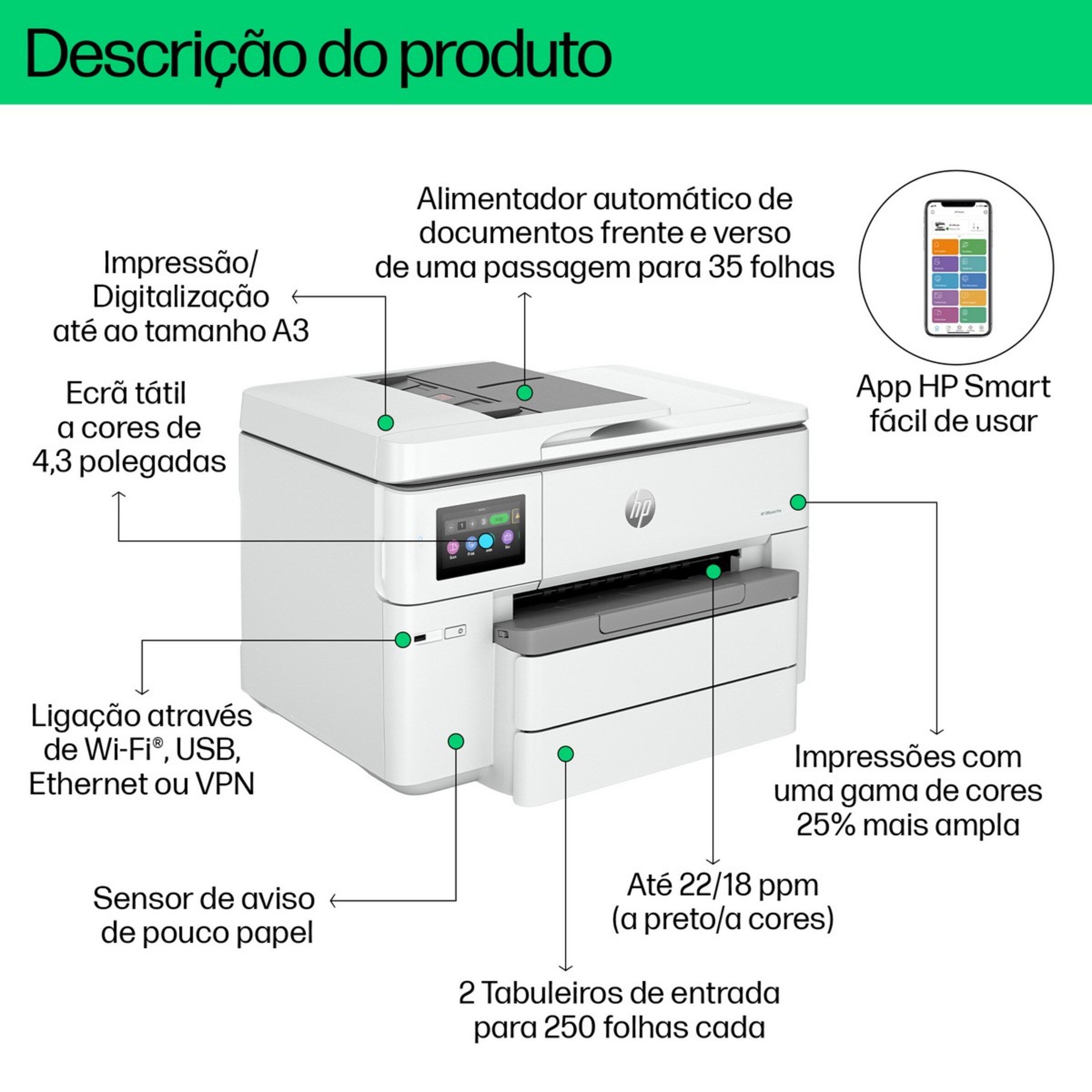 Impressora HP OfficeJet Pro 9730e Multifunções A3, fax digital, Wi-Fi Branco-3