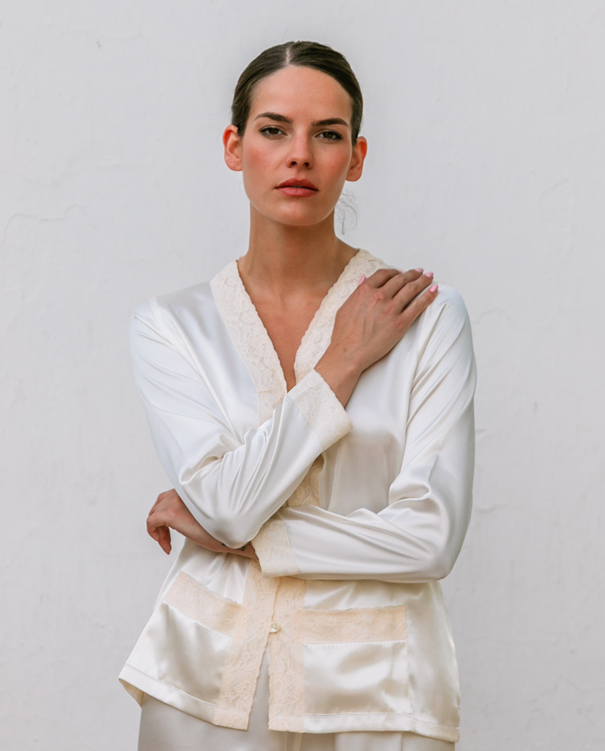 Robe Comprido e Largo de Tricot Abotoado com Renda Cinzento-claro-5