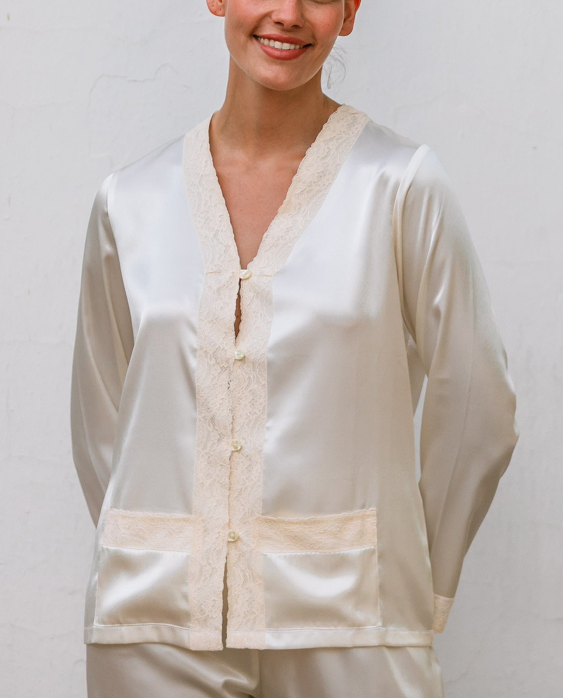 Robe Comprido e Largo de Tricot Abotoado com Renda Cinzento-claro-4