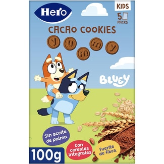cookies de cacao Yummy Bluey con cereales integrales 5 pack individuales caja 100 g - Hero Solo