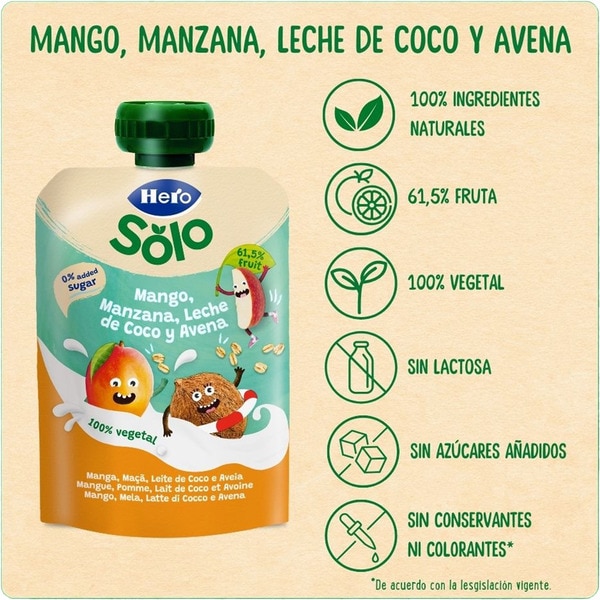 Beutel mit Mango, Apfel, Kokosnussmilch und Hafer 100% pflanzlich laktosefrei Einheit 100 g und ohne Zuckerzusatz