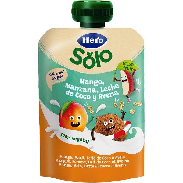 Beutel mit Mango, Apfel, Kokosnussmilch und Hafer 100% pflanzlich laktosefrei Einheit 100 g und ohne Zuckerzusatz