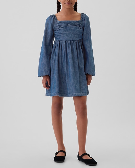 Imagen 0 de Vestido de niña denim con cuello cuadrado  y manga larga abullonada