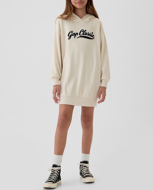 Imagen 0 de Vestido de niña con capucha tipo sudadera de manga larga con logotipo de Gap Classic en la parte delantera