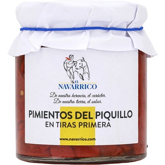 pimientos del piquillo de Lodosa en tiras DOP Piquillo de Lodosa Navarra frasco 200 g neto escurrido - El Navarrico