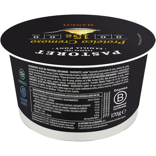 cremiger Joghurt mit Proteinen und Mango fettarm 0% Fett glutenfrei laktosefrei Behälter 170 g
