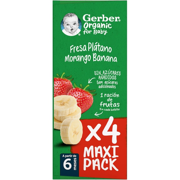 organic strawberry and banana with no added sugar for 6+ months 4-pack sachets 90 g