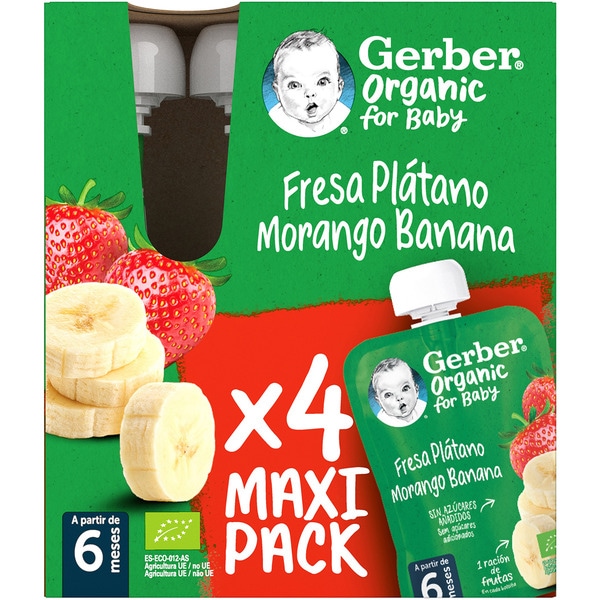 organic strawberry and banana with no added sugar for 6+ months 4-pack sachets 90 g