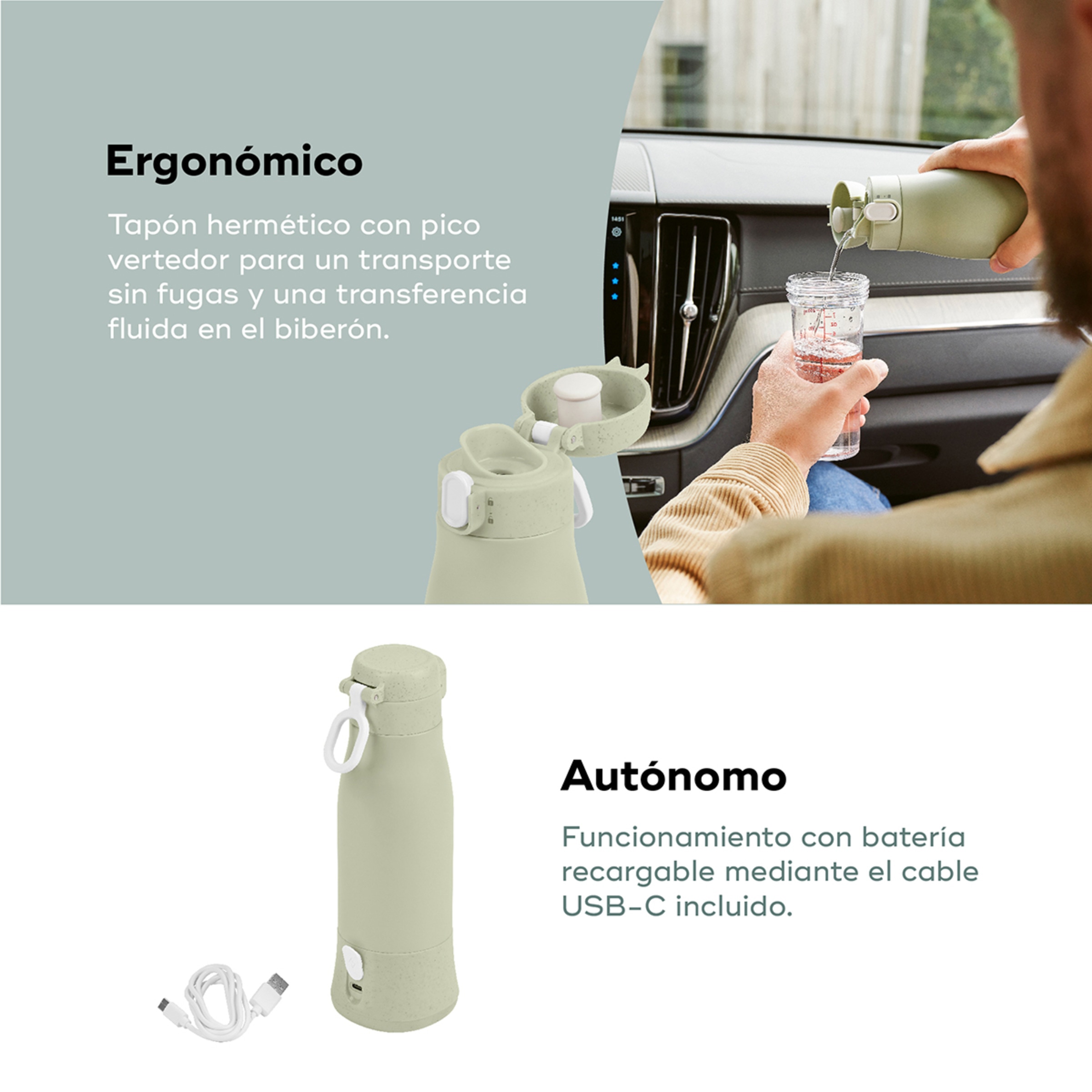 Aquecedor de Biberões Transportável com Bateria Moov & Feed Verde Água-6