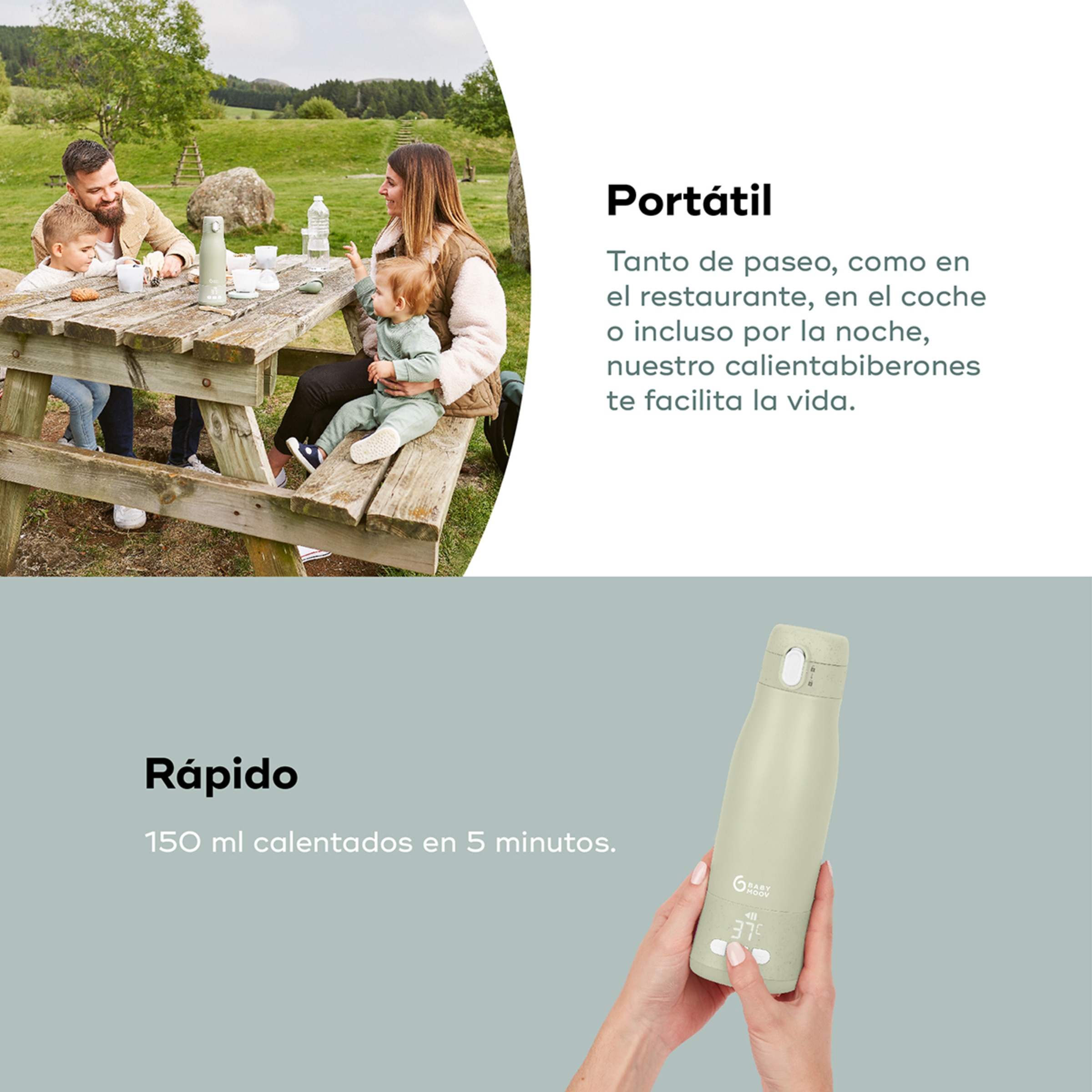 Aquecedor de Biberões Transportável com Bateria Moov & Feed Verde Água-4