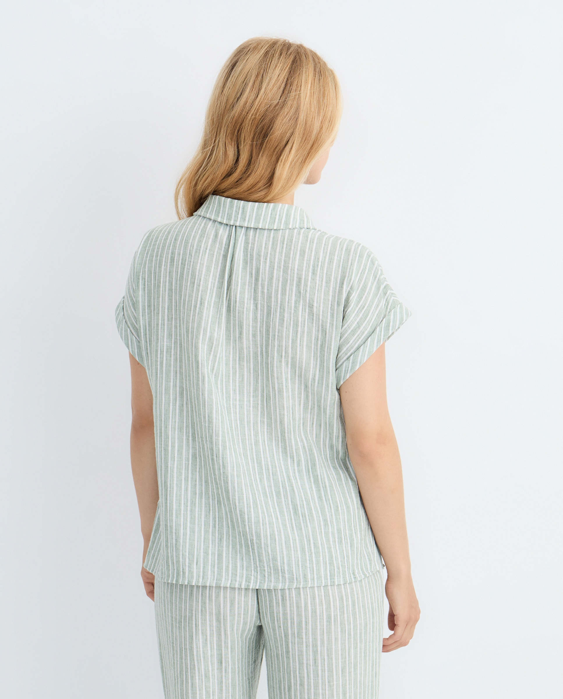 Camisa de mulher às riscas com manga curta Verde-3