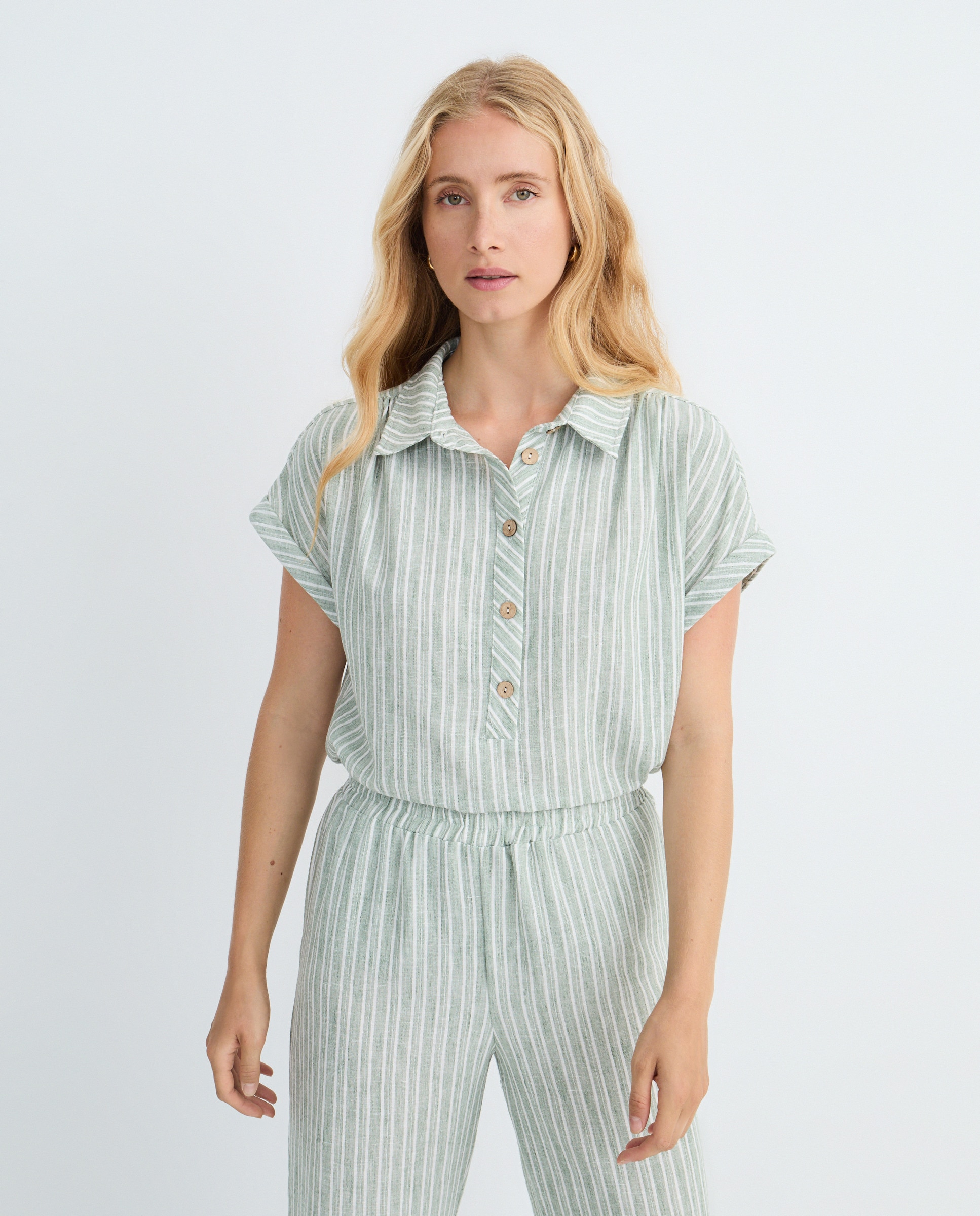 Camisa de mulher às riscas com manga curta Verde-1