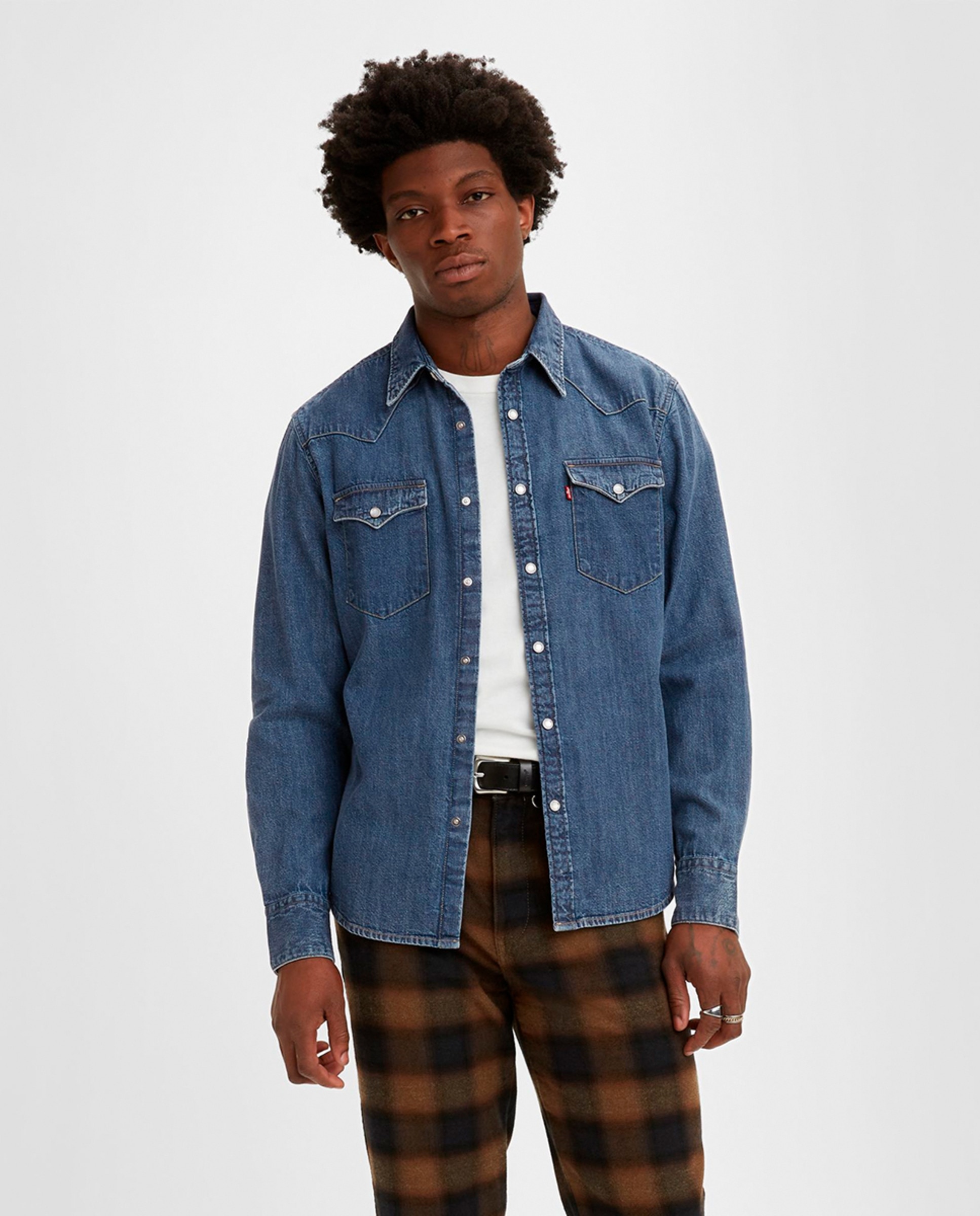 Camisa de ganga com manga comprida Azul-1