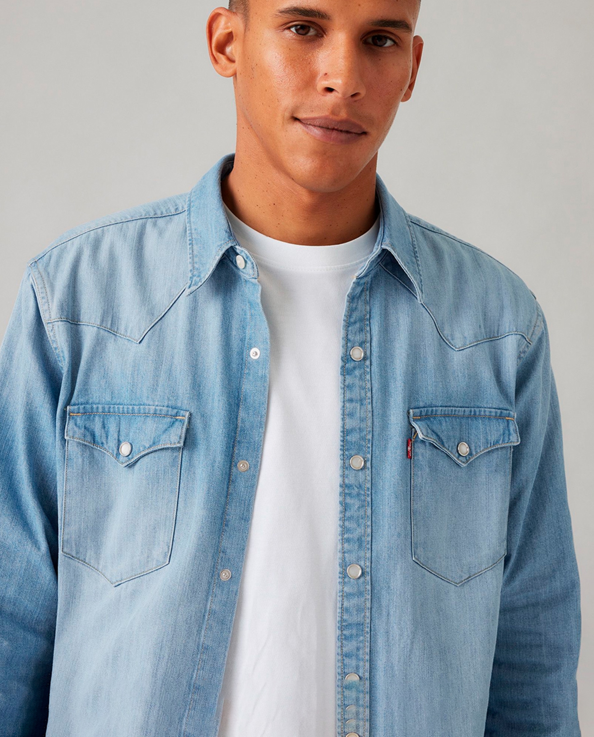 Camisa de ganga com manga comprida Azul-claro-3