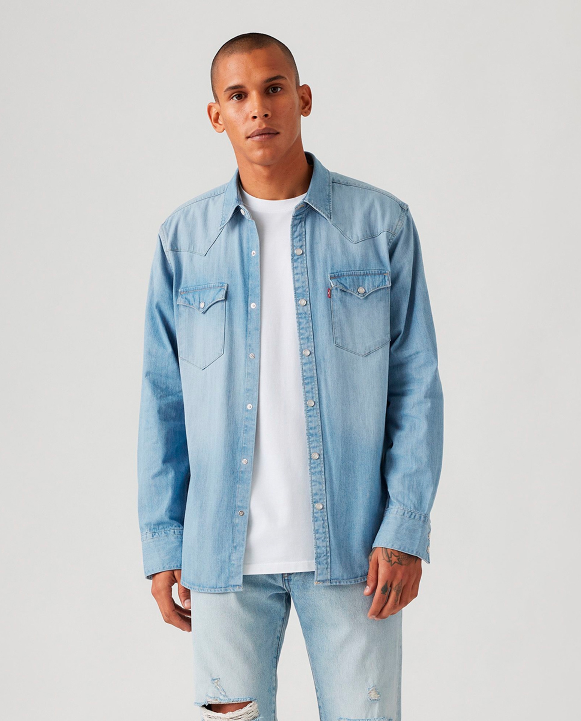 Camisa de ganga com manga comprida Azul-claro-1