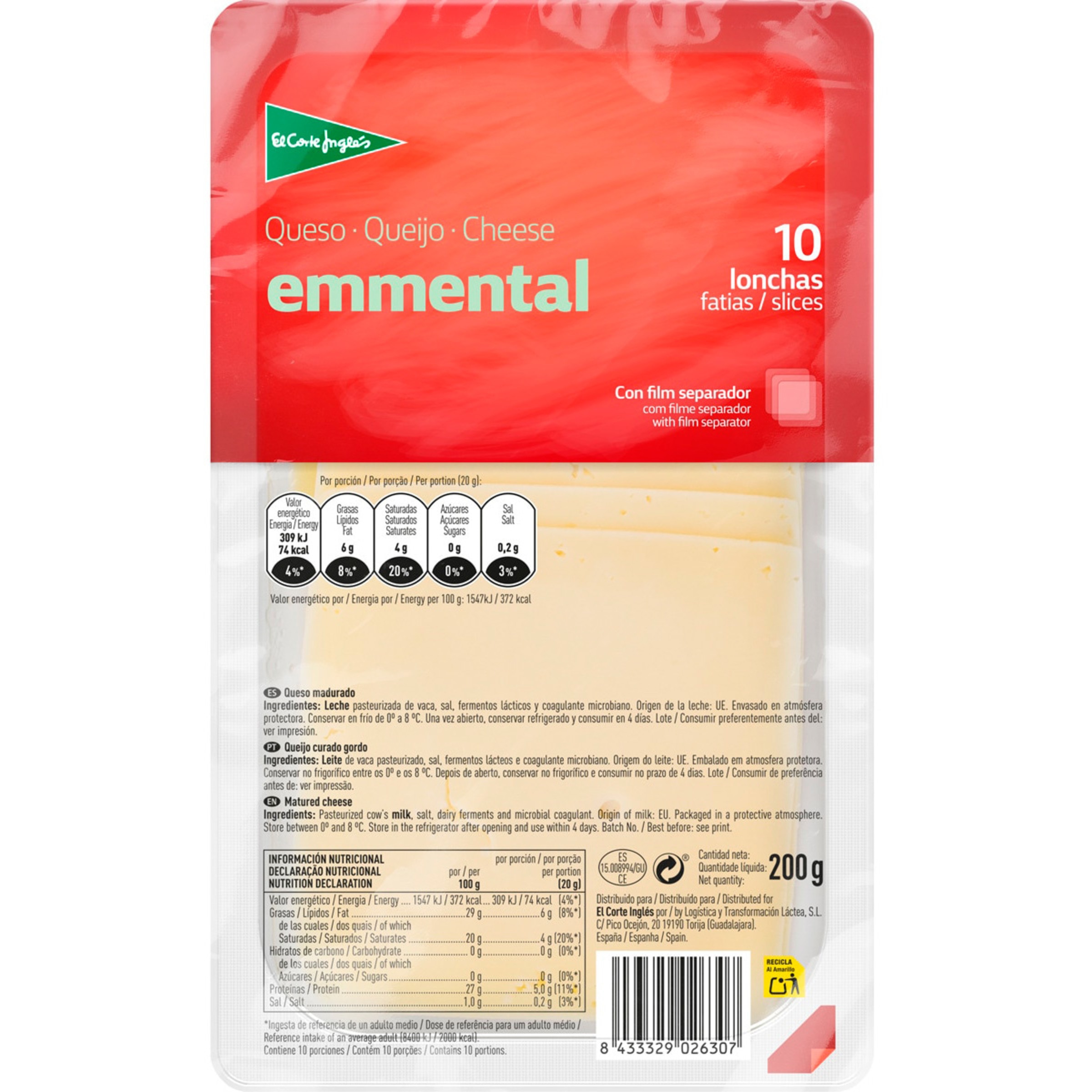 Queijo Emmental Fatiado embalagem 200 g