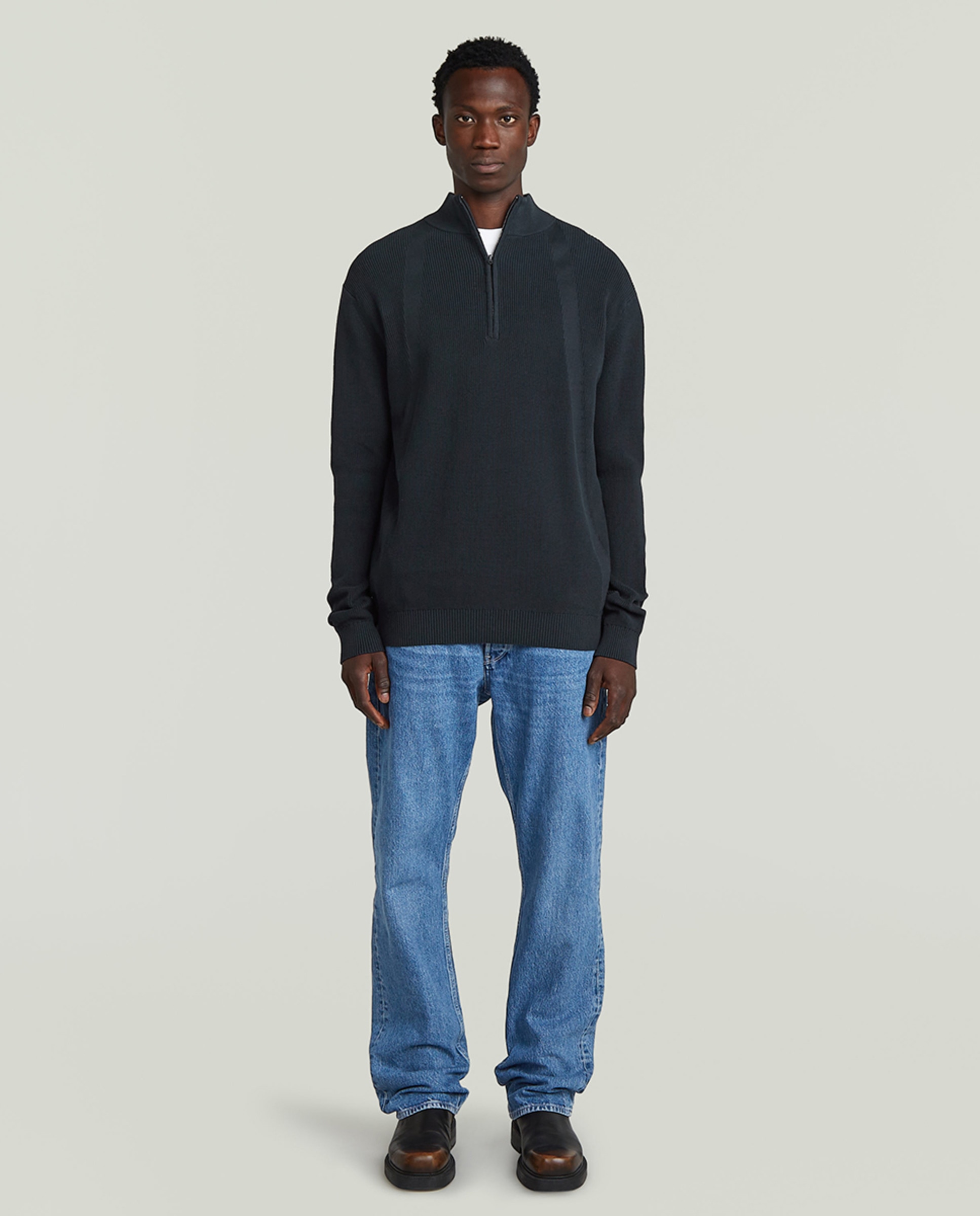 Camisola de Malha com Gola Alta e Fecho de Correr Azul-7